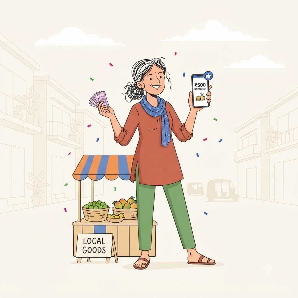 A street vendor smiling, holding cash and a phone showing a payment received notification