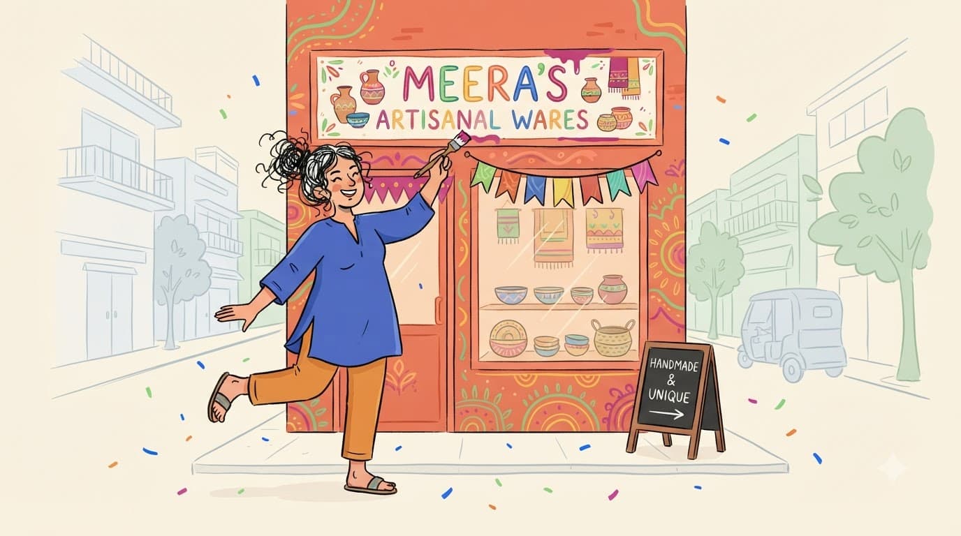A seller painting her own decorative sign above her shopfront window